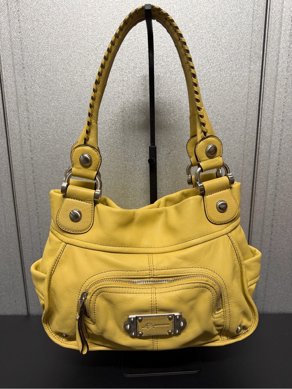 B Makowsky Pale Yellow Leather Shoulder Bag Studded Hobo Purse